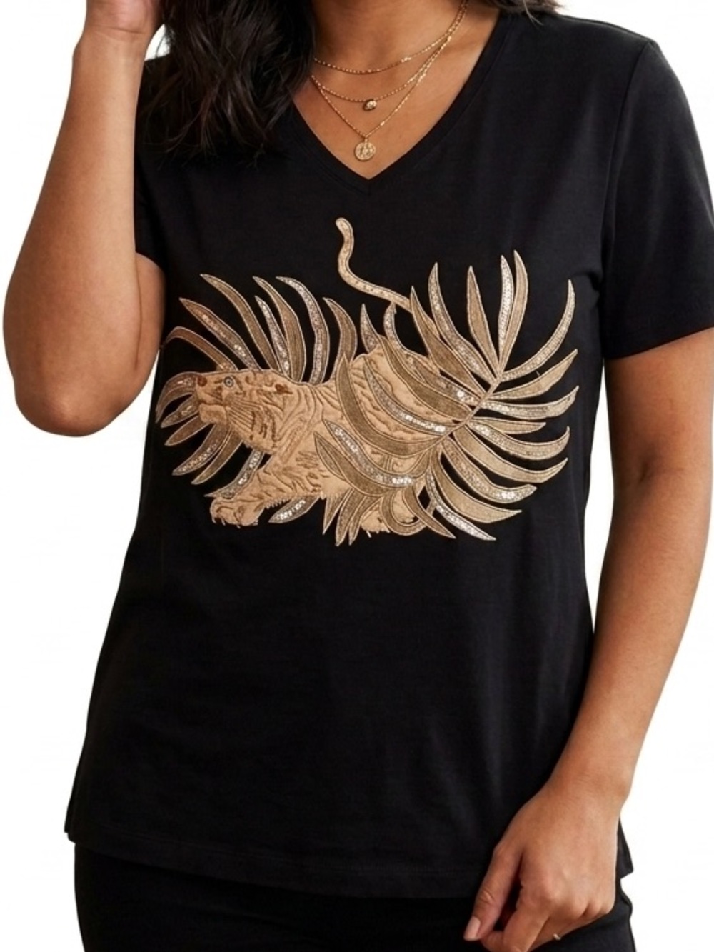 Karen Scott Black V-Neck Tee with Gold Tiger Leaf Applique
